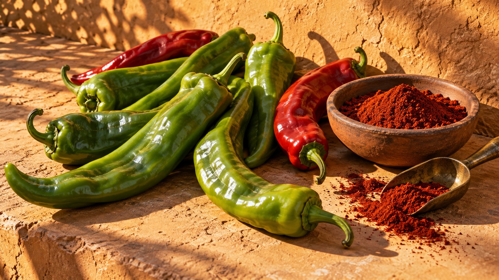 Long green and red chile peppers beside ground red chile in desert sunlight